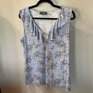 Karl Lagerfeld Paris Ruffle Front Knit Sleeveless Blue Floral Top Size Large